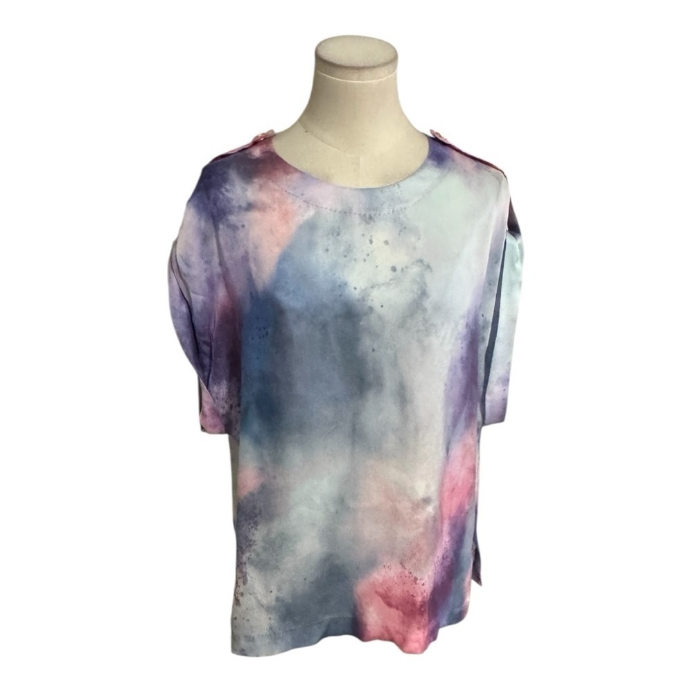 ESCADA Colorful Abstract Watercolor Tye Dye Print Cotton Shirt L 42 Short Sleeve